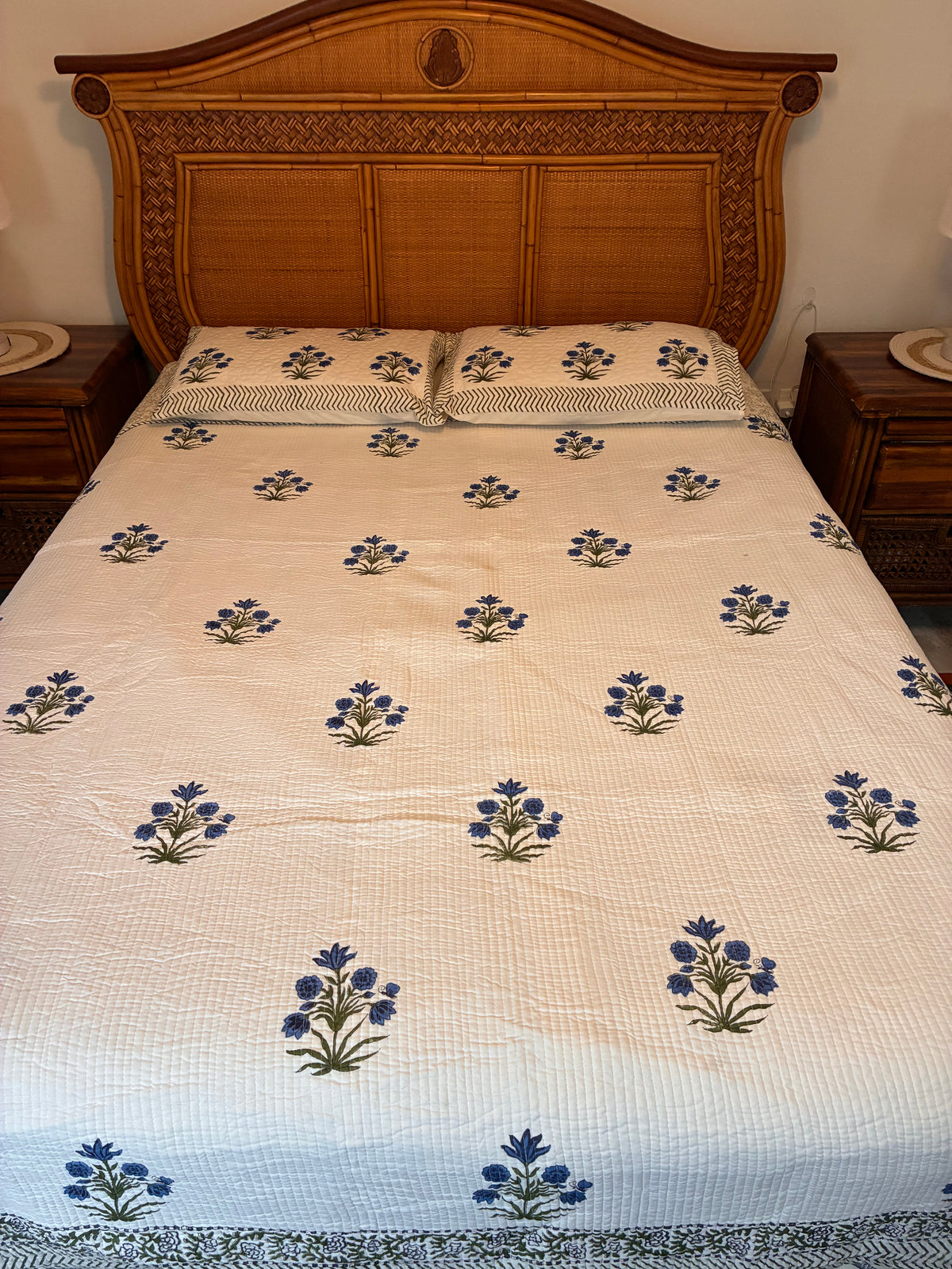Indian Hand-Block-Printed Reversible Cotton Quilt Set – Blue Floral