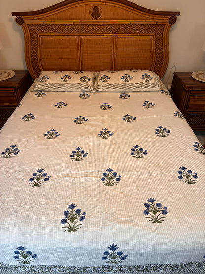 Indian Hand-Block-Printed Reversible Cotton Quilt Set – Blue Floral
