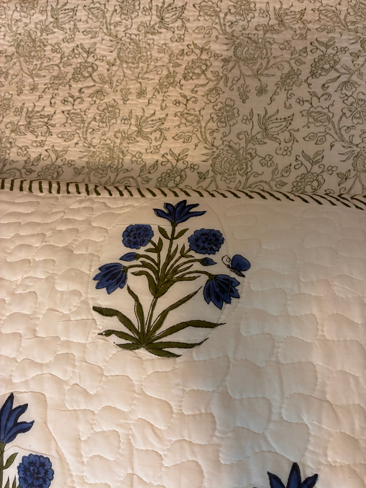 Indian Hand-Block-Printed Reversible Cotton Quilt Set – Blue Floral