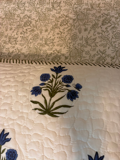 Indian Hand-Block-Printed Reversible Cotton Quilt Set – Blue Floral