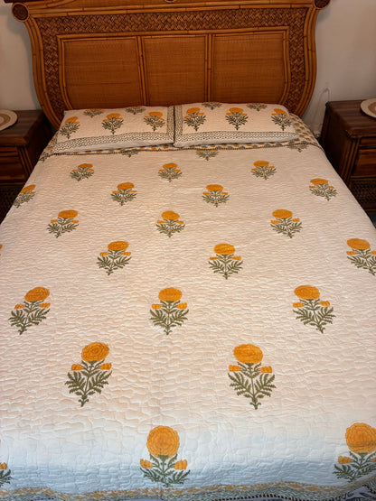 Indian Hand-Block-Printed Reversible Marigold Quilt Set