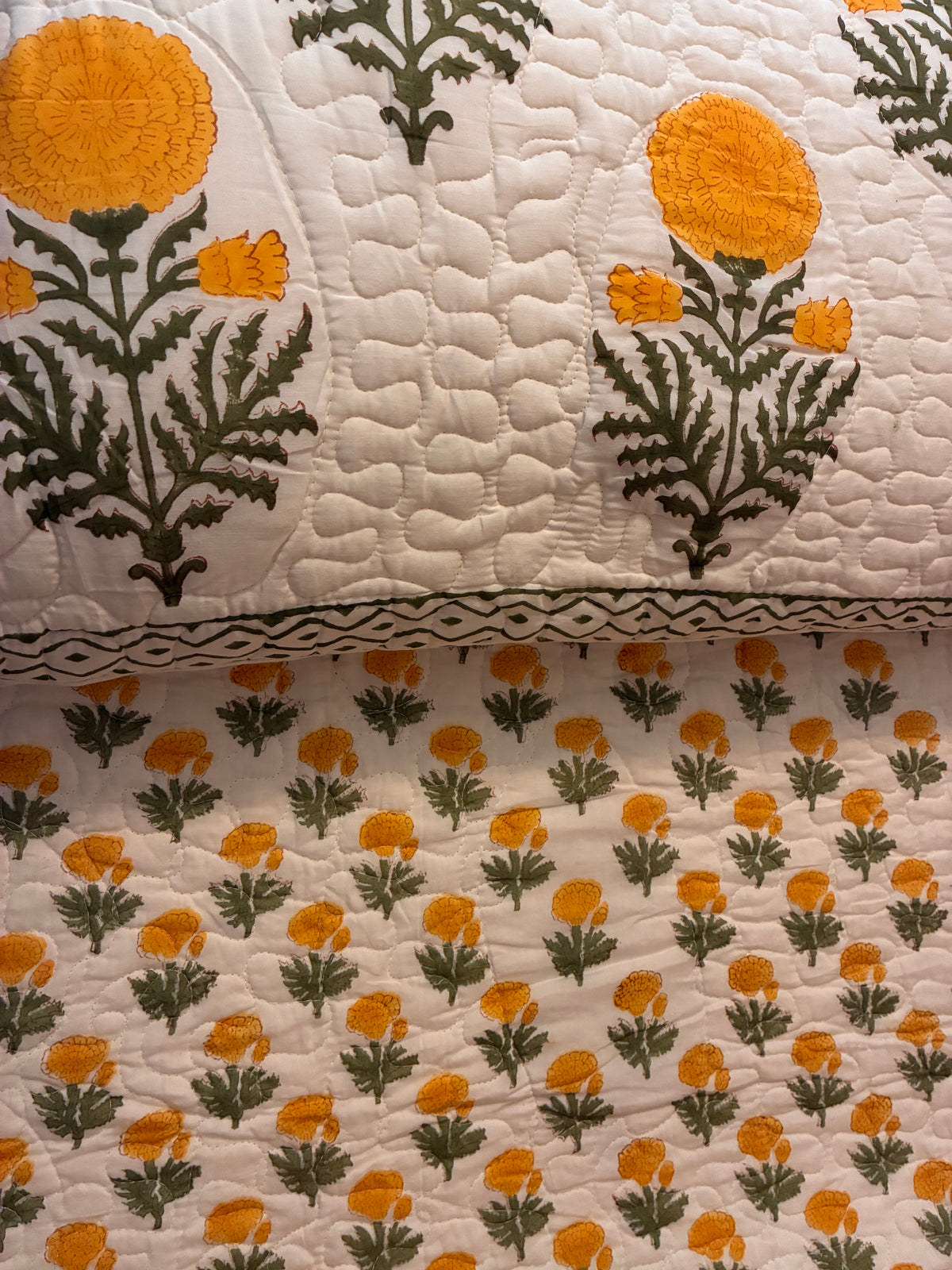 Indian Hand-Block-Printed Reversible Marigold Quilt Set