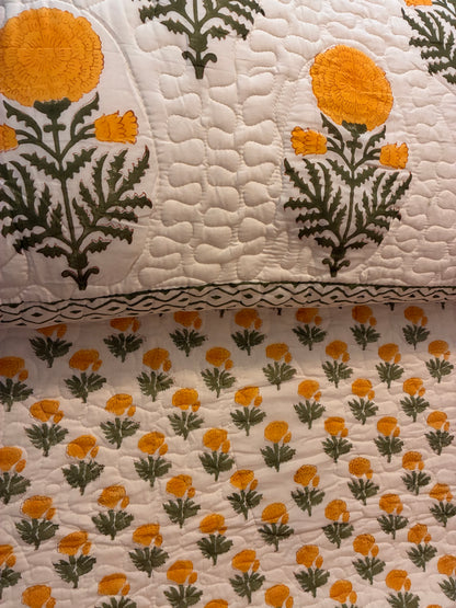 Indian Hand-Block-Printed Reversible Marigold Quilt Set