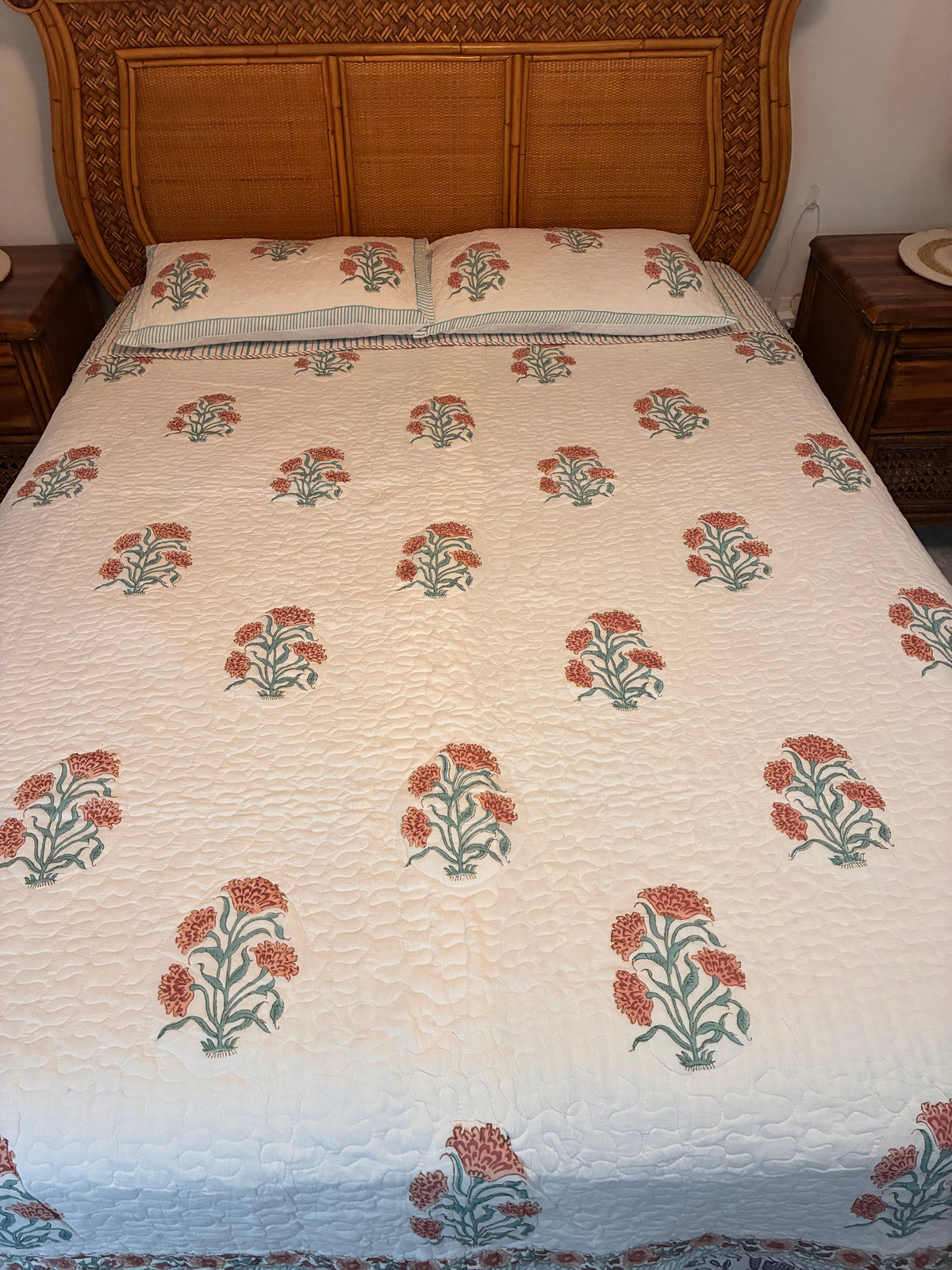 Indian Hand-Block-Printed Reversible Coral Blossom Quilt Set