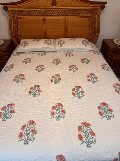 Indian Hand-Block-Printed Reversible Coral Blossom Quilt Set