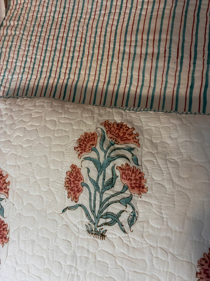 Indian Hand-Block-Printed Reversible Coral Blossom Quilt Set