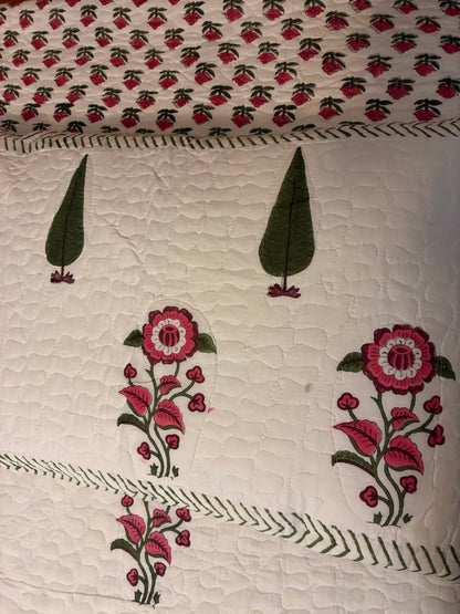 Indian Hand-Block Printed Reversible Quilt Set with 2 Shams – Ivory, Rose & Olive