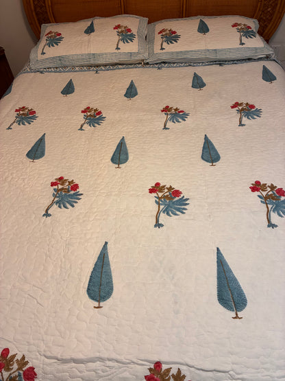 Indian Hand-Block Printed Reversible Floral Quilt Set with 2 Shams – Blue & Coral