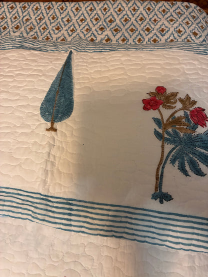Indian Hand-Block Printed Reversible Floral Quilt Set with 2 Shams – Blue & Coral