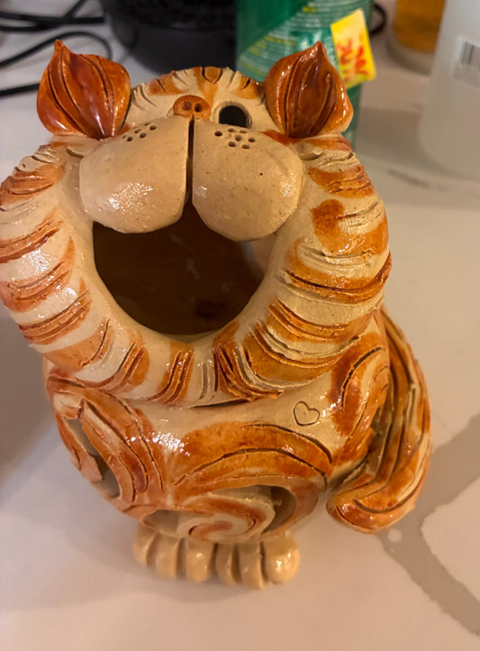 Signed Studio Pottery Cat Luminary – Whimsical Handcrafted Ceramic