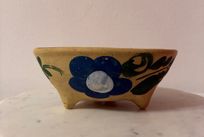 Vintage Hand-Painted Footed Wall Bowl – Blue Flower