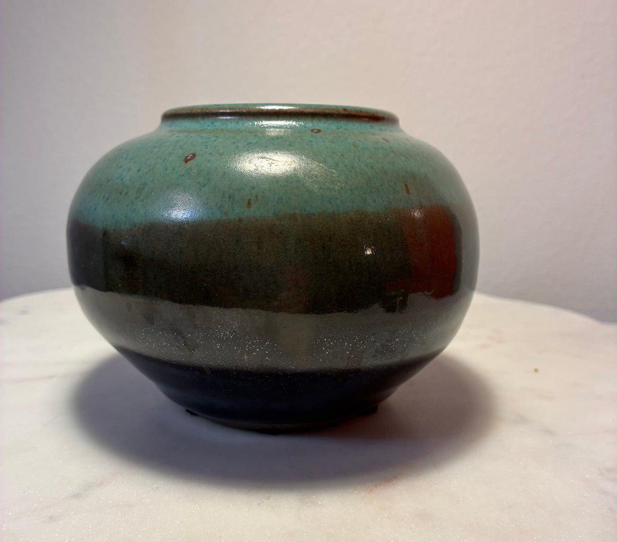 Vintage Signed Studio Pottery Round Vase / Jar – Teal & Blue