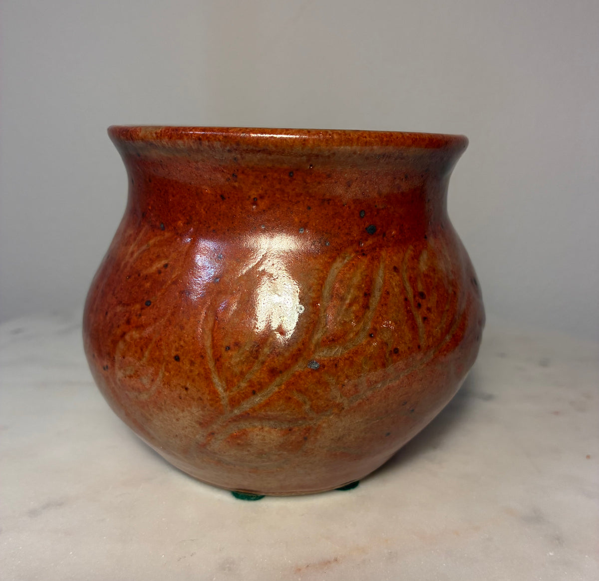 Vintage Studio Pottery Vase with Carved Leaf Design