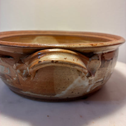 Vintage Signed Studio Pottery Lidded Casserole – Brown, Rust & Cream