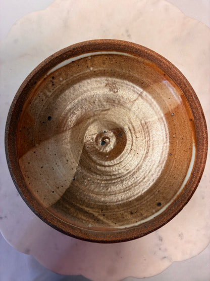 Vintage Signed Studio Pottery Lidded Casserole – Brown, Rust & Cream