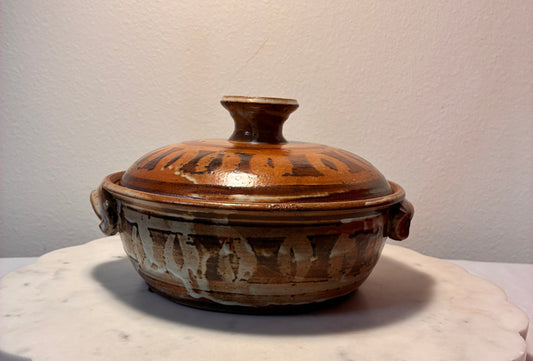 Vintage Signed Studio Pottery Lidded Casserole – Brown, Rust & Cream