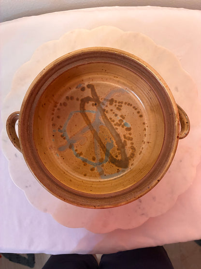 Vintage Signed Studio Pottery Lidded Casserole – Brown, Rust & Cream