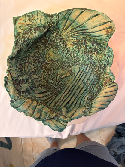 Signed Handmade Botanical Studio Pottery Bowl – Verdigris Green