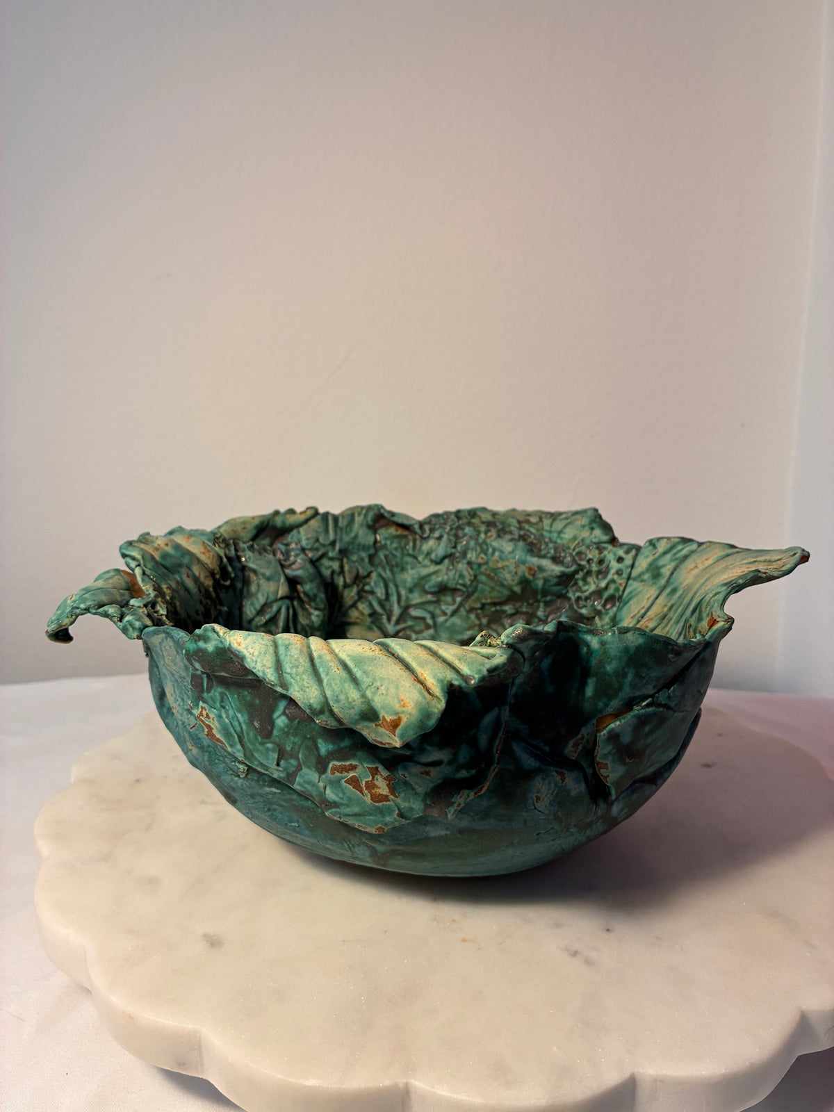 Signed Handmade Botanical Studio Pottery Bowl – Verdigris Green