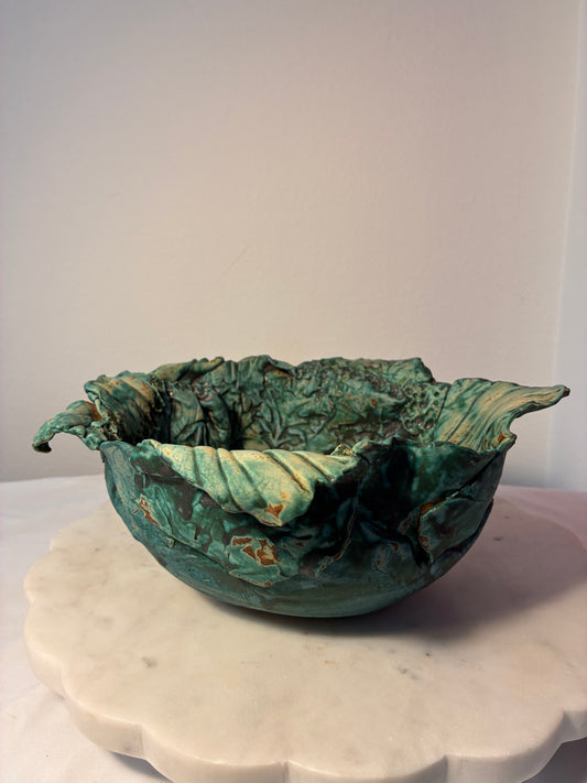 Signed Handmade Botanical Studio Pottery Bowl – Verdigris Green