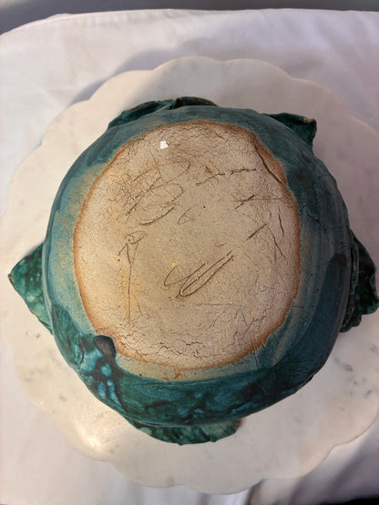 Signed Handmade Botanical Studio Pottery Bowl – Verdigris Green