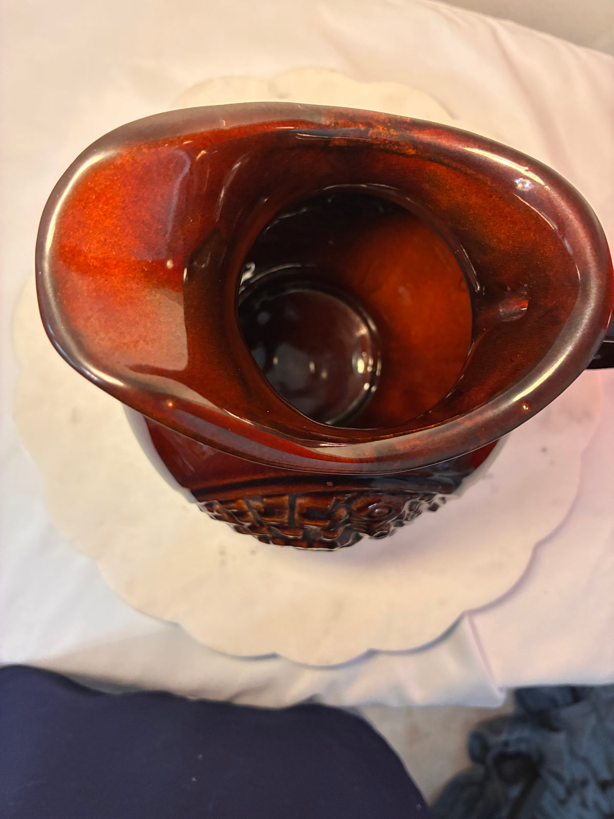 Vintage ©1968 USA Turkey Relief Ceramic Pitcher – Brown Glaze