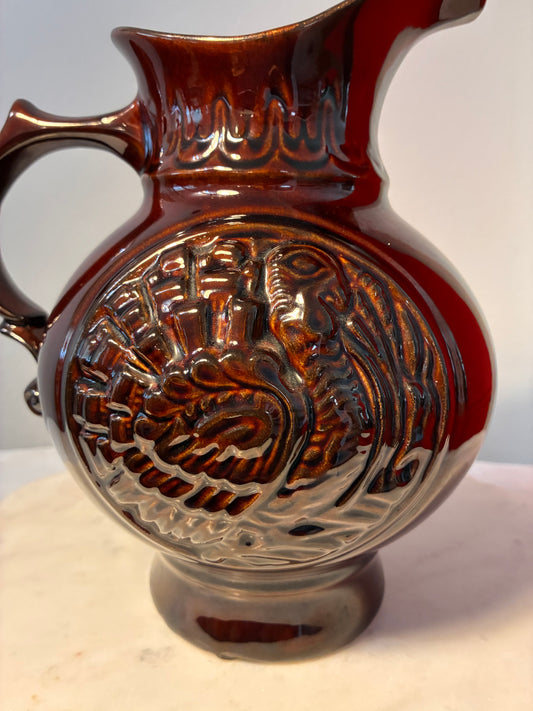 Vintage ©1968 USA Turkey Relief Ceramic Pitcher – Brown Glaze