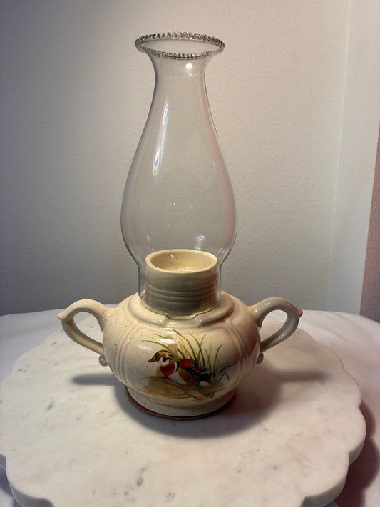 Vintage Wood Duck Ceramic Hurricane Candleholder with Glass Chimney