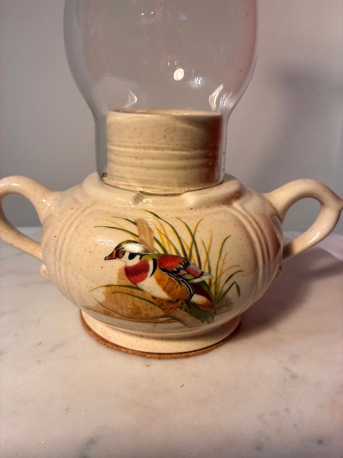Vintage Wood Duck Ceramic Hurricane Candleholder with Glass Chimney
