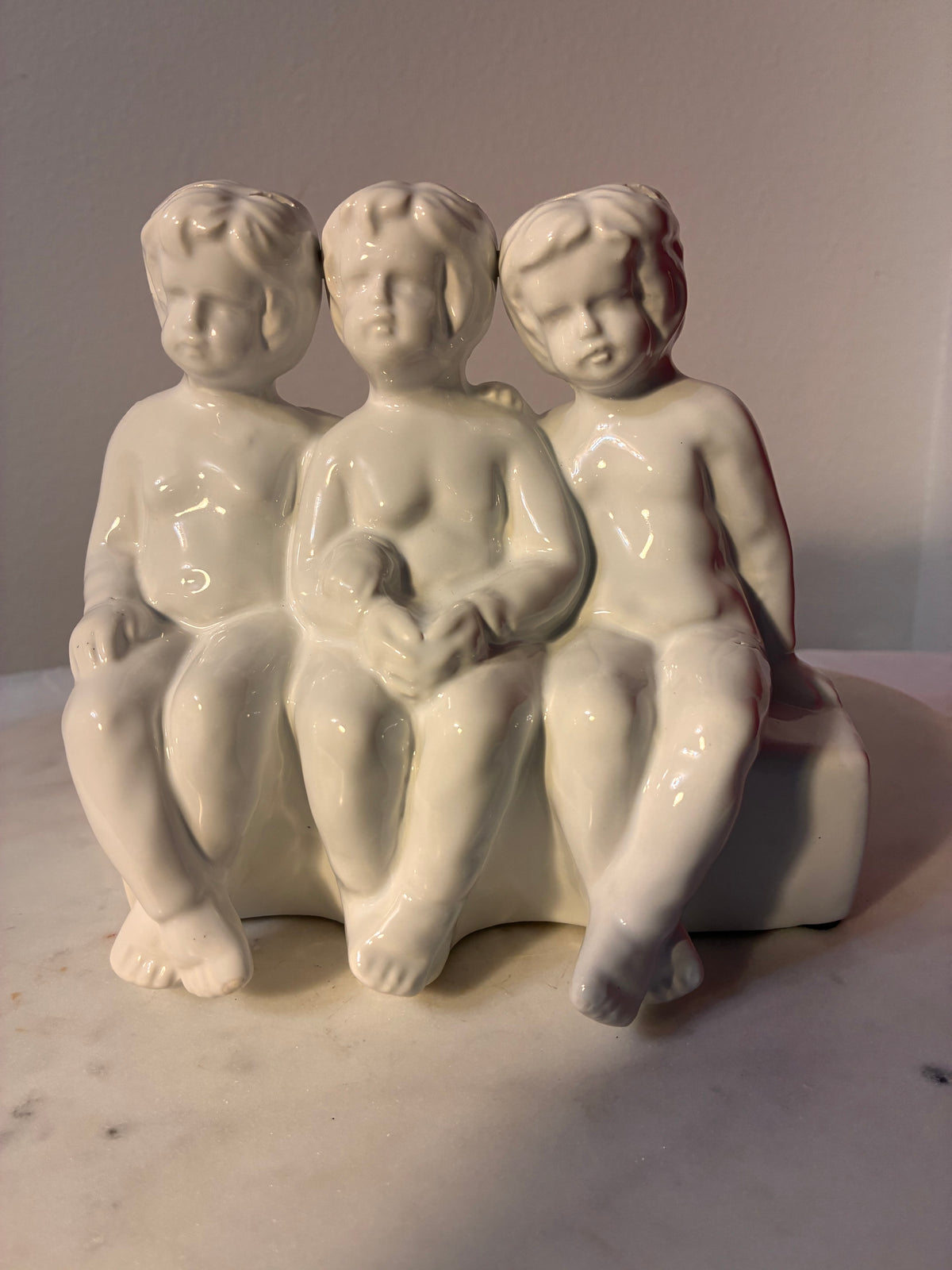 Ivory Ceramic Three Cherubs Pierced Luminary Figurine