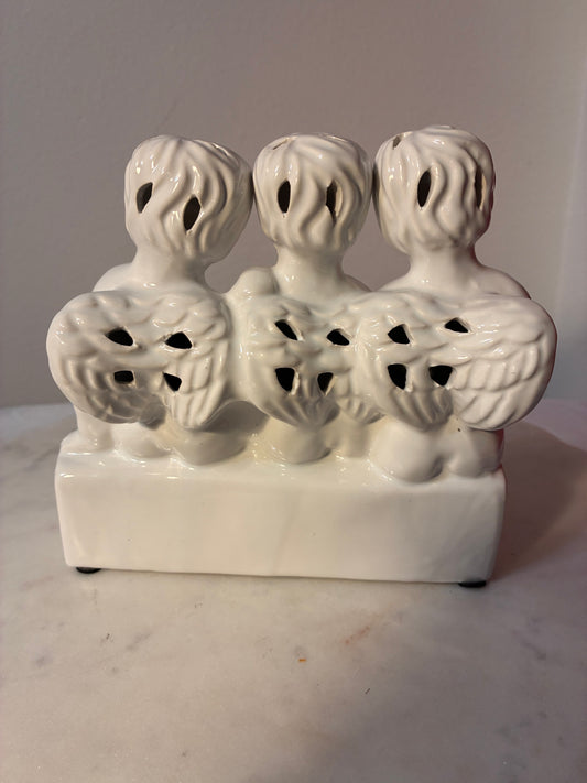 Ivory Ceramic Three Cherubs Pierced Luminary Figurine