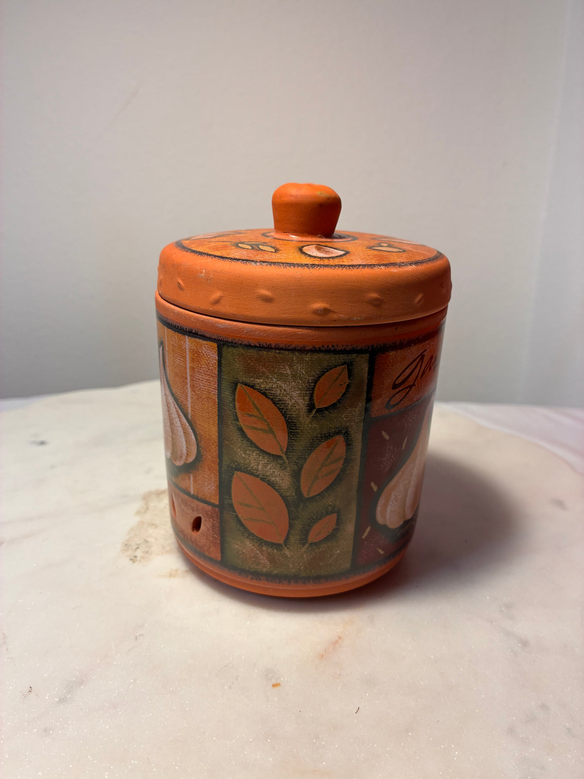 Vintage Hand-Painted Terracotta Garlic Keeper with Lid