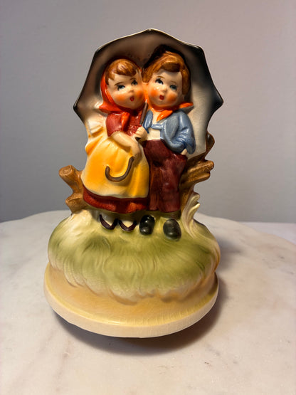 Vintage Sankyo Japan Children Under Umbrella Ceramic Music Box