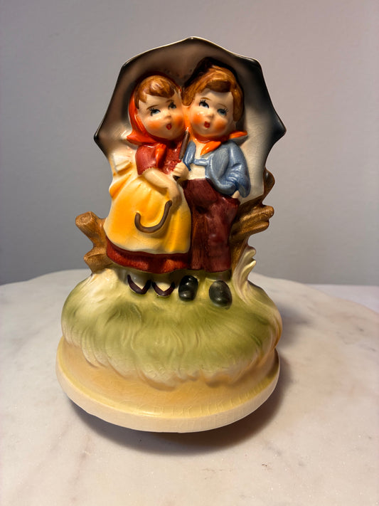 Vintage Sankyo Japan Children Under Umbrella Ceramic Music Box