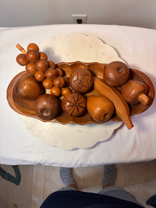 Vintage Monkey Pod Wood Pedestal Bowl with Hand-Carved Fruit – Philippines
