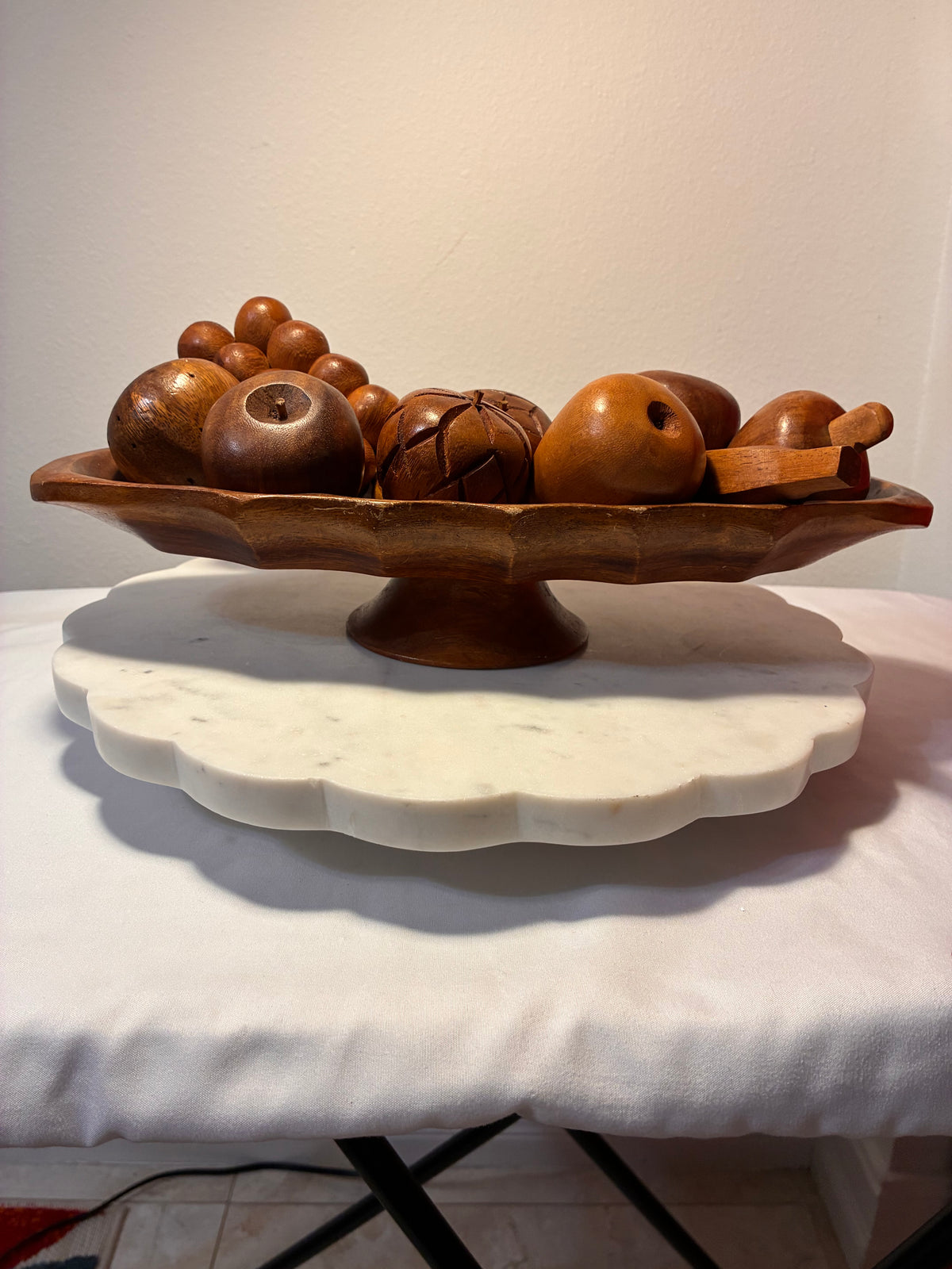 Vintage Monkey Pod Wood Pedestal Bowl with Hand-Carved Fruit – Philippines