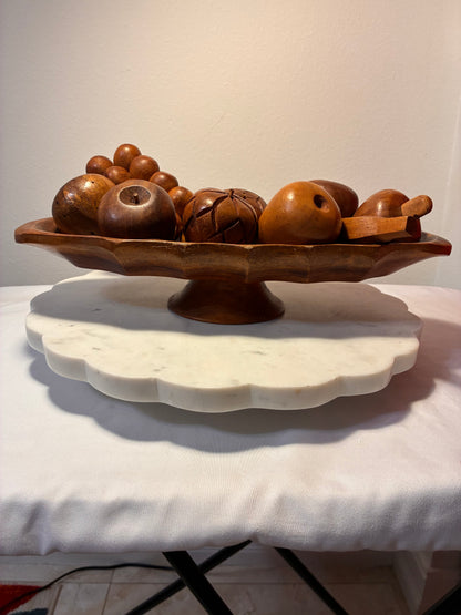 Vintage Monkey Pod Wood Pedestal Bowl with Hand-Carved Fruit – Philippines