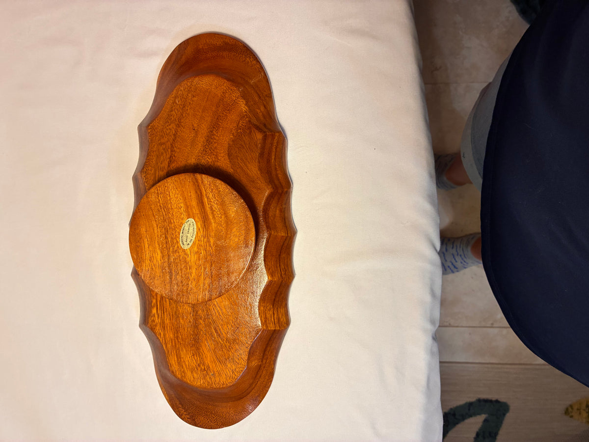 Vintage Monkey Pod Wood Pedestal Bowl with Hand-Carved Fruit – Philippines