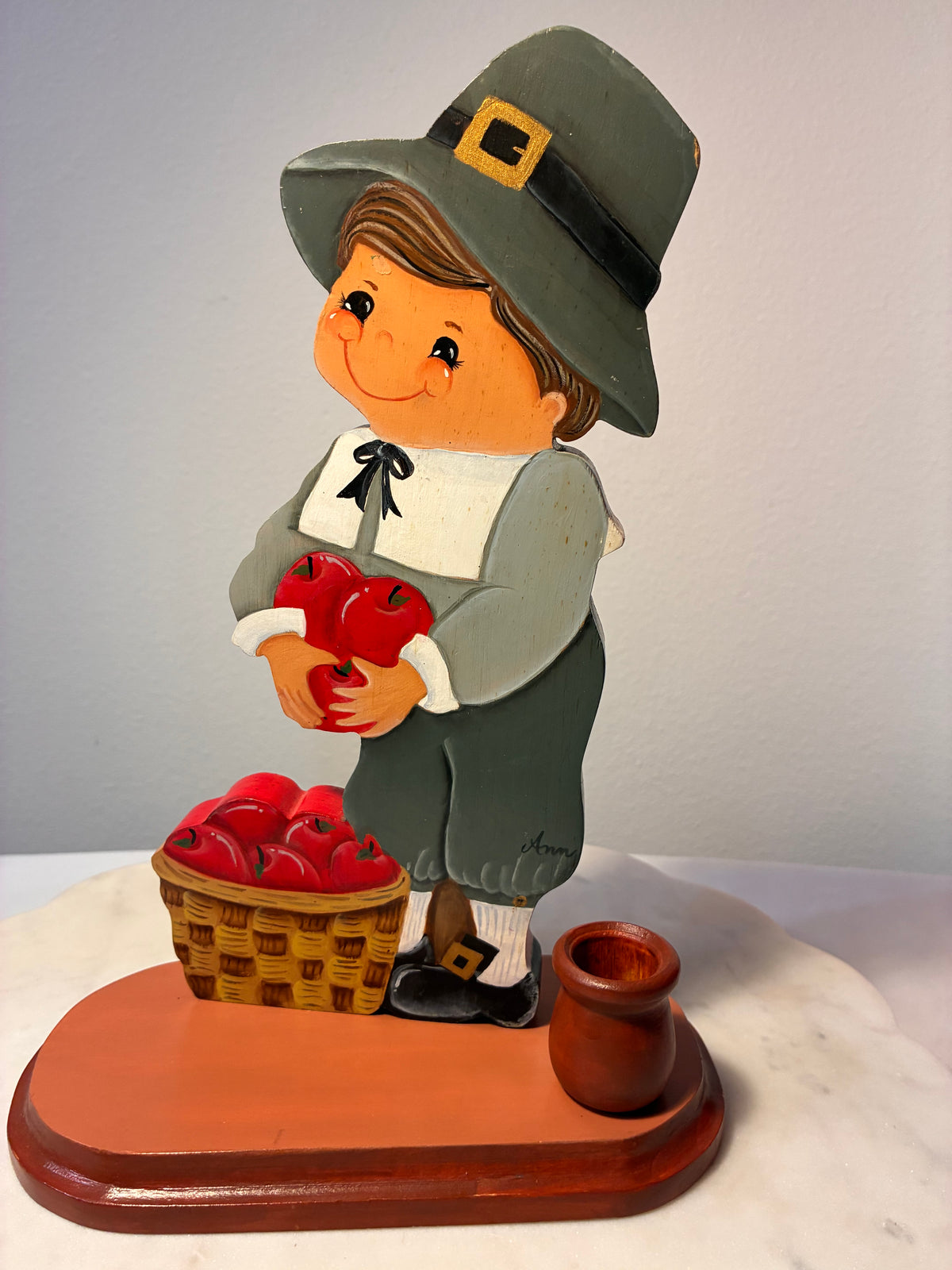 Signed Ann Hand-Painted Wooden Pilgrim Candleholders – Thanksgiving Pair