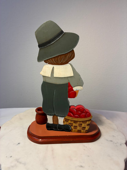 Signed Ann Hand-Painted Wooden Pilgrim Candleholders – Thanksgiving Pair