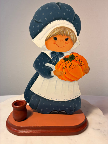 Signed Ann Hand-Painted Wooden Pilgrim Candleholders – Thanksgiving Pair