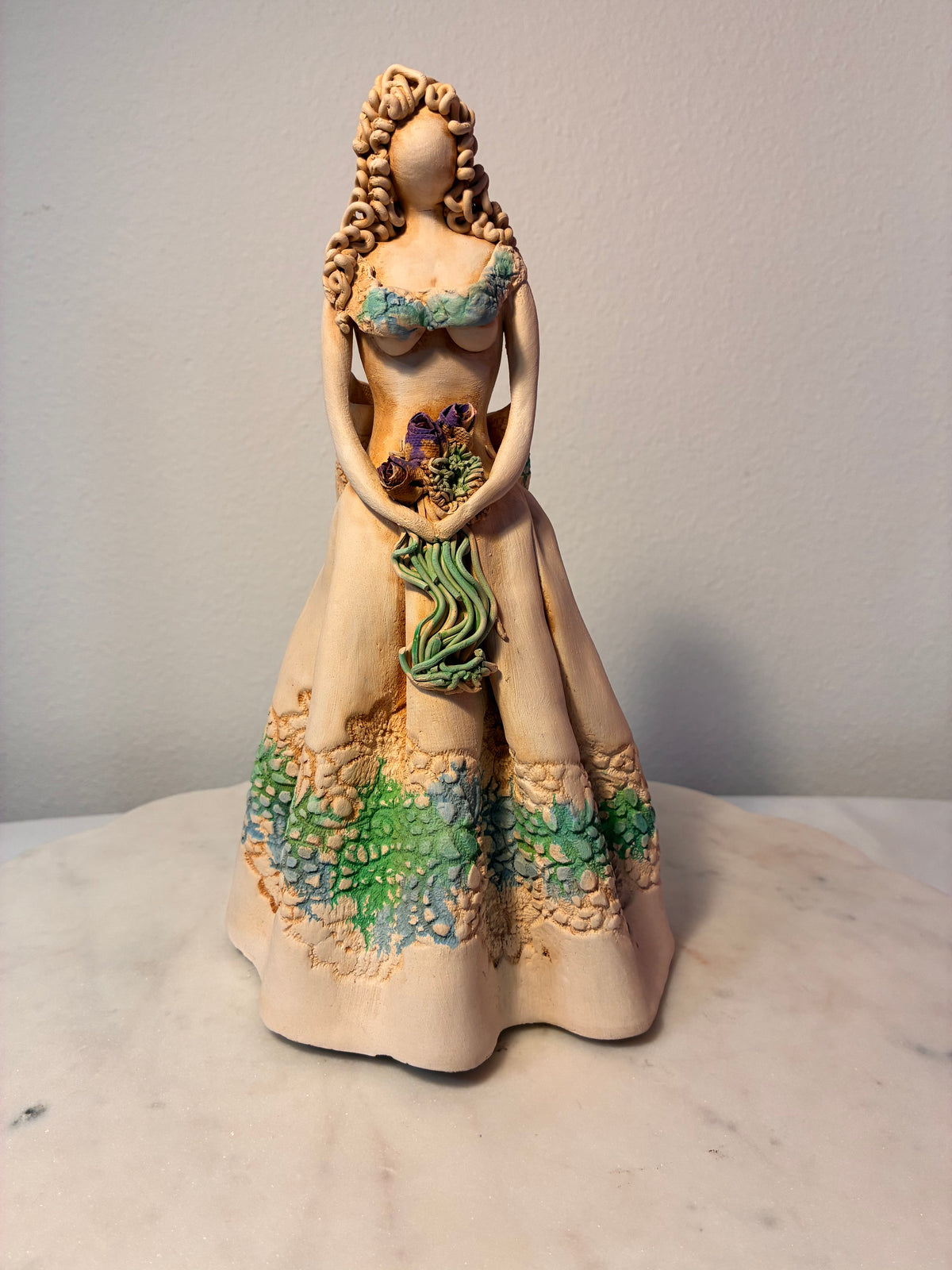 Large Handcrafted Clay Lady with Floral Bouquet Figurine