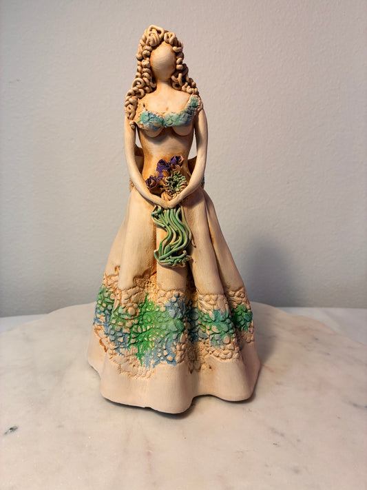 Large Handcrafted Clay Lady with Floral Bouquet Figurine