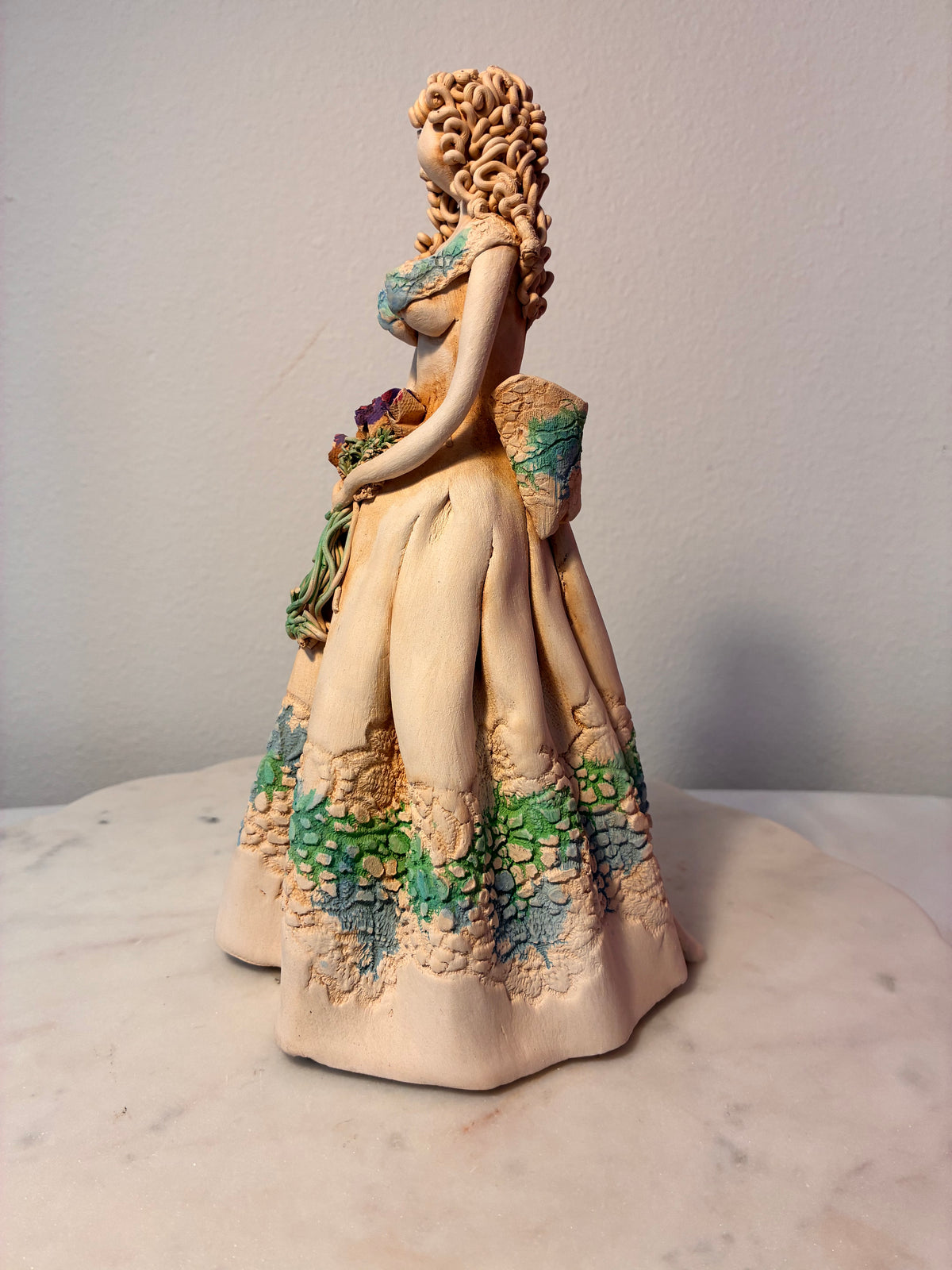 Large Handcrafted Clay Lady with Floral Bouquet Figurine