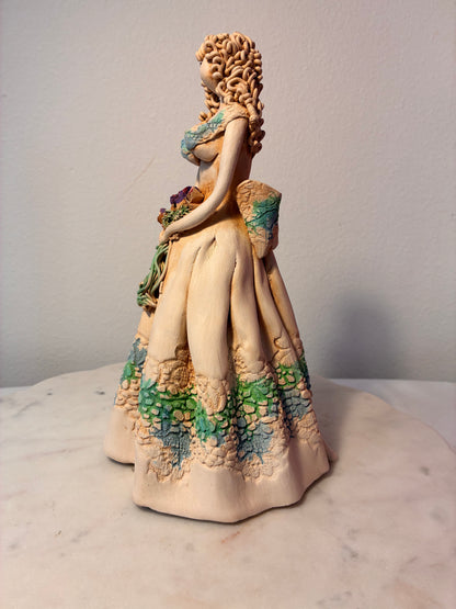 Large Handcrafted Clay Lady with Floral Bouquet Figurine