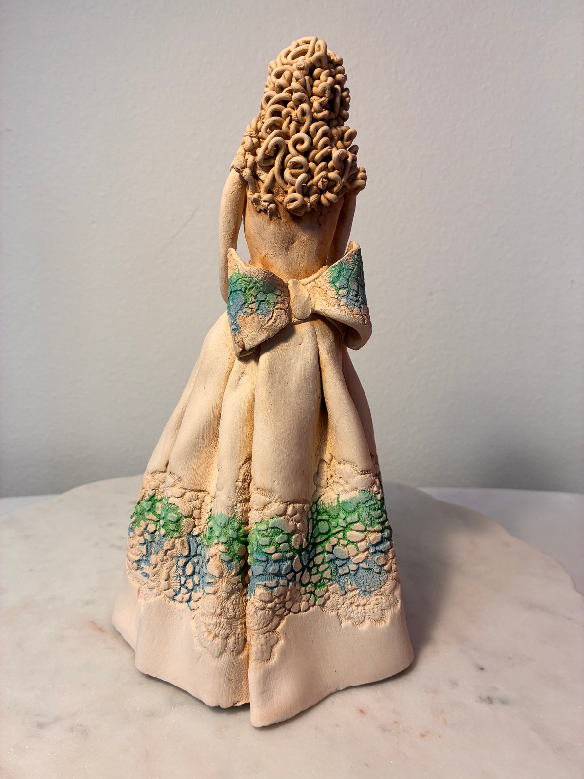 Large Handcrafted Clay Lady with Floral Bouquet Figurine