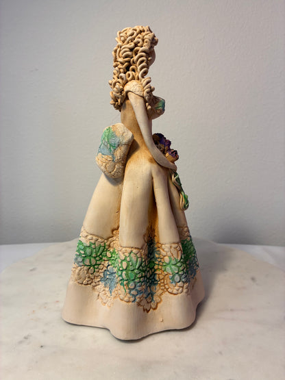 Large Handcrafted Clay Lady with Floral Bouquet Figurine