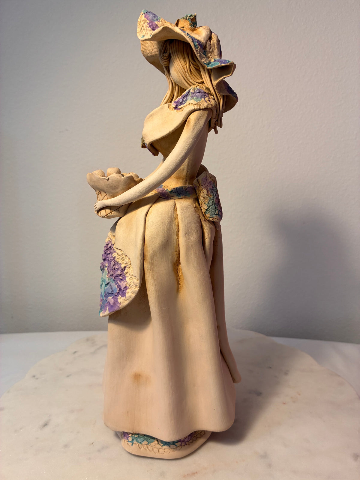 Handcrafted Clay Folk-Art Lady with Basket Figurine