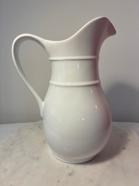 Large Vintage White Ceramic Pitcher Vase – English Cottage Style