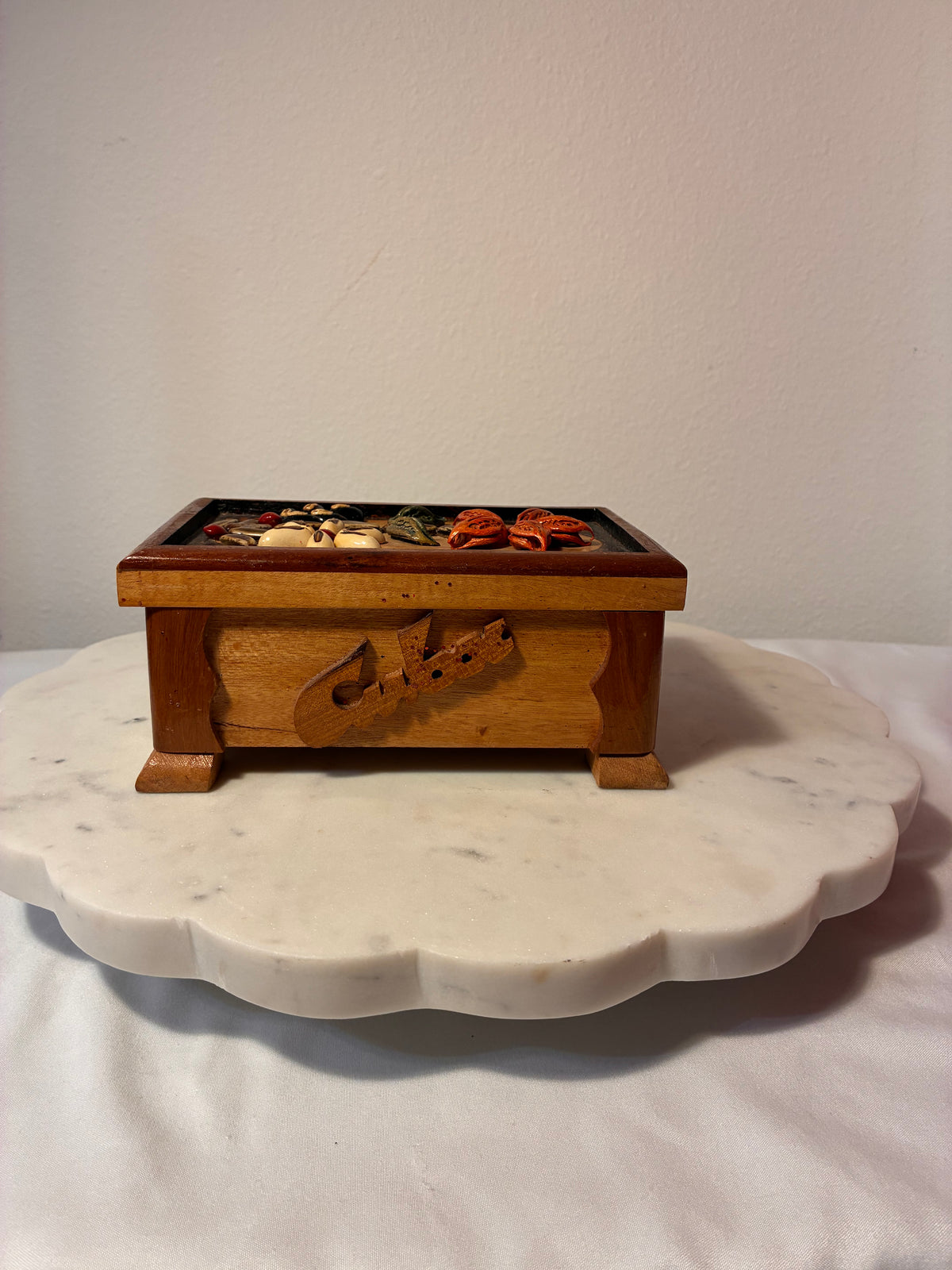 Vintage Handmade Wooden Trinket Box with Botanical Seed Art